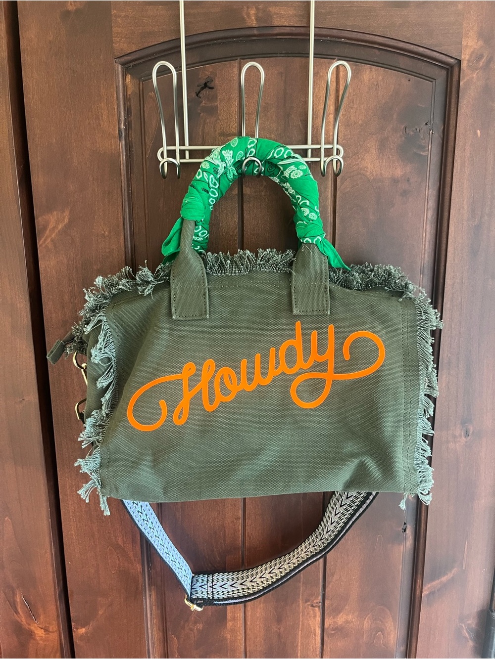 Green 'Howdy' Canvas Fringe Tote Bag with Orange Script
